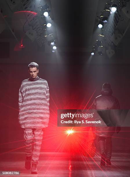 Model walks during rehearsals at N. Hoolywood fashion show at New York Fashion Week Men's Fall/Winter 2016 on February 2, 2016 in New York City.