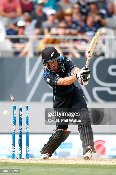 Luke Ronchi of New Zealand is bowled by Josh Hazlewood of Australia during the One Day International match between New Zealand and Australia at Eden...