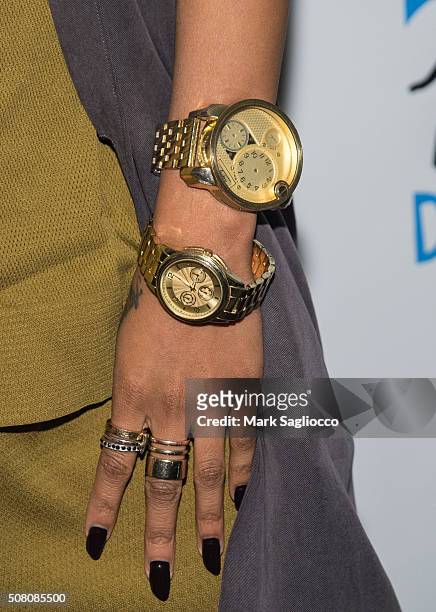 Rapper/Choreographer Sharaya J, fashion jewelry detail, attends the Bronxwrites' Poetry Slam Finals at Joe's Pub and The Library at The Public on...