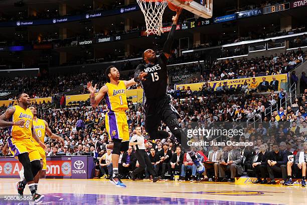 Shabazz Muhammad of the Minnesota Timberwolves shoots a layup against the Los Angeles Lakers on February 2, 2016 at STAPLES Center in Los Angeles,...