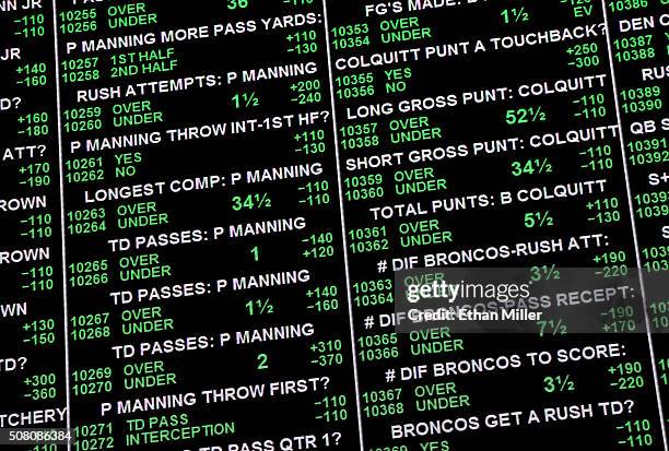 Some of the nearly 400 proposition bets for Super Bowl 50 between the Carolina Panthers and the Denver Broncos are displayed at the Race & Sports...