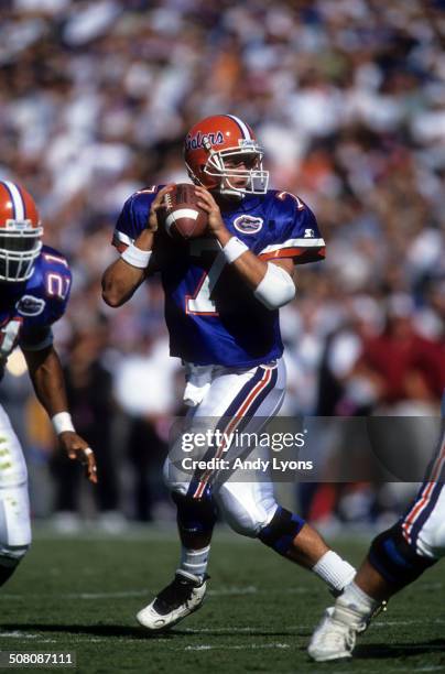 Quarterback Danny Wuerffel of the Florida Gators drops back to pass during a game against the South Carolina Gamecocks on November 16, 1996 at Ben...