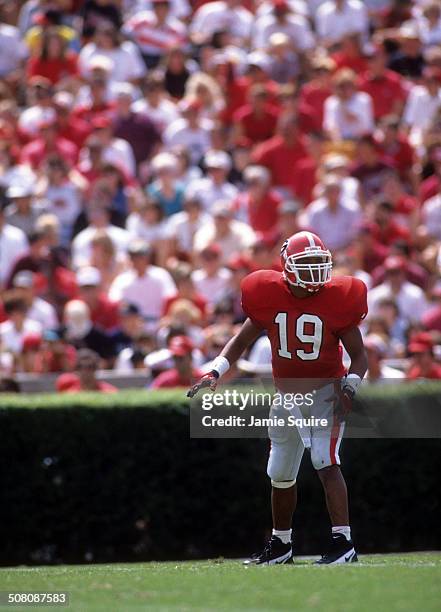 Hines Ward of the Georgia Bulldogs lines up against the Florida Gators on September 2, 1995 at Sanford Stadium in Athens, Georgia. The Bulldogs...