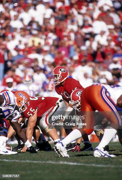 Quarterback Hines Ward of the Georgia Bulldogs gets ready to take the snap during the game against the Florida Gators on October 28, 1995 at Sanford...