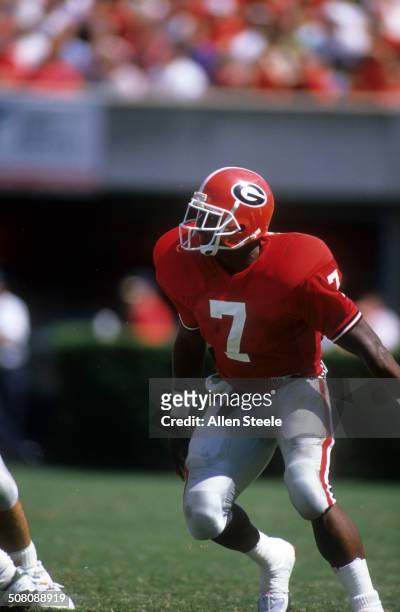 Rodney Hampton of the Georgia Bulldogs runs on the field during the game against the Baylor Bears on September 16, 1989 at Sanford Stadium in Athens,...