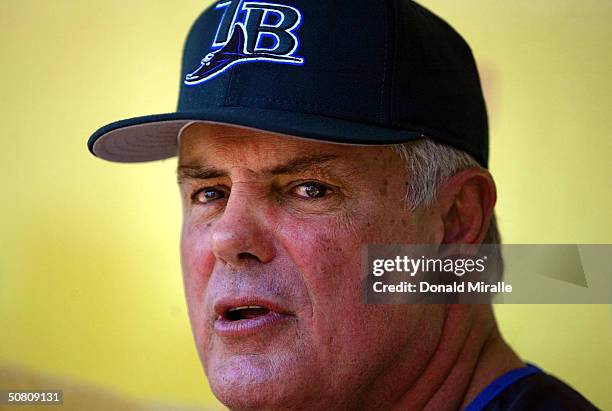 Manager Lou Piniella of the Tampa Bay Devil Rays before the start of their MLB game against the Anaheim Angels at Angels Stadium on May 6, 2004 in...