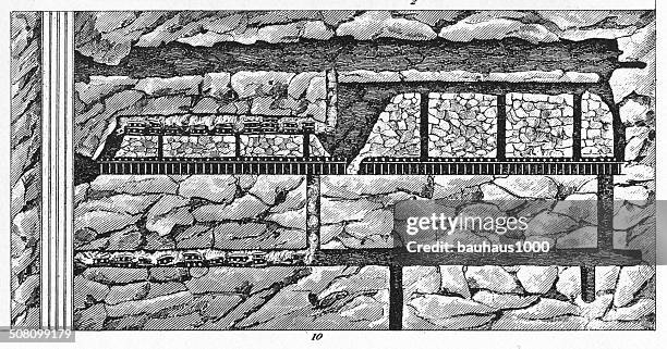 mine cross section engraving - pit mine stock illustrations