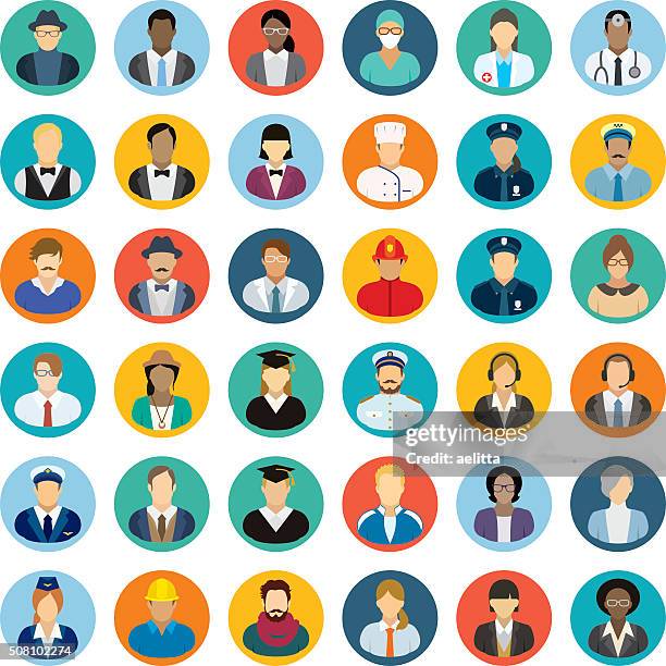 illustrazioni stock, clip art, cartoni animati e icone di tendenza di set di icone di persone con diverse professioni. - avatar