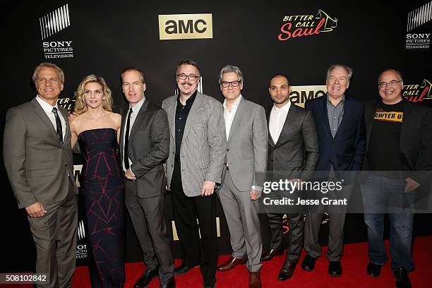 Actors Patrick Fabian, Rhea Seehorn, Bob Odenkirk, executive producers Vince Gilligan, Peter Gould, actors Michael Mando, Michael McKean and...