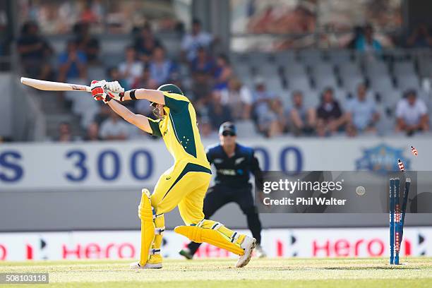 Steven Smith of Australia is bowled by Matt Henry of New Zealand during the One Day International match between New Zealand and Australia at Eden...