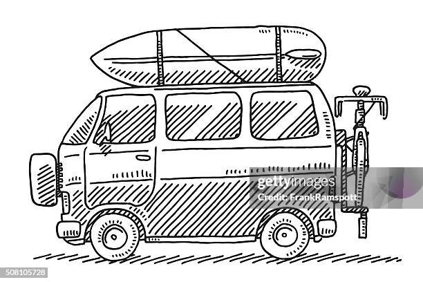 camping van summer vacation drawing - camping bus stock illustrations