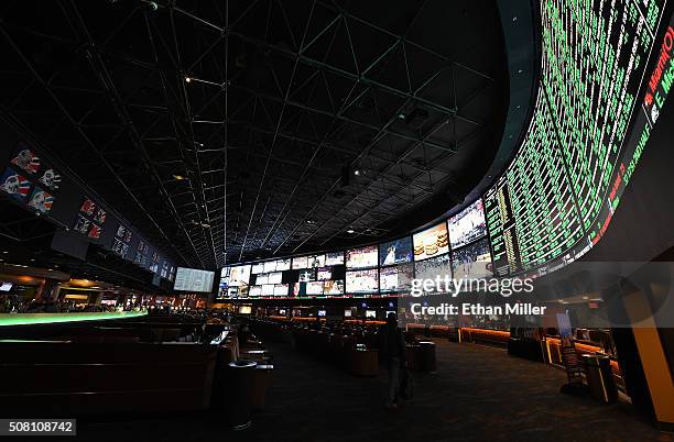 The betting line and some of the nearly 400 proposition bets for Super Bowl 50 between the Carolina Panthers and the Denver Broncos are displayed at...