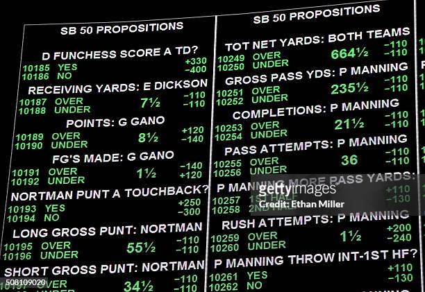 Some of the nearly 400 proposition bets for Super Bowl 50 between the Carolina Panthers and the Denver Broncos are displayed at the Race & Sports...