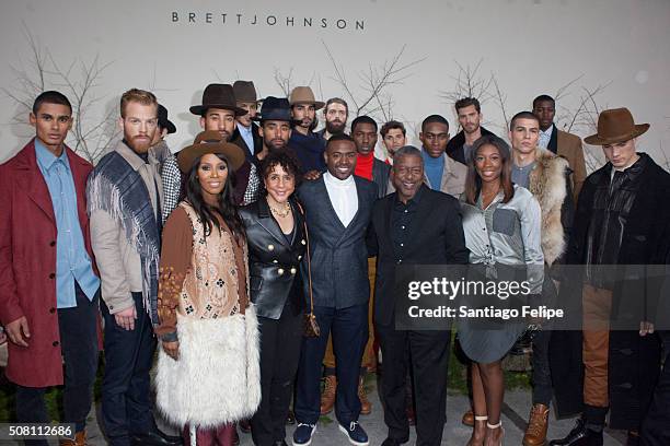 June Ambrose, Sheila Johnson, Brett Johnson, Bob Johnson and Umindi Francis pose with the models at the Brett Johnson Presentation during New York...