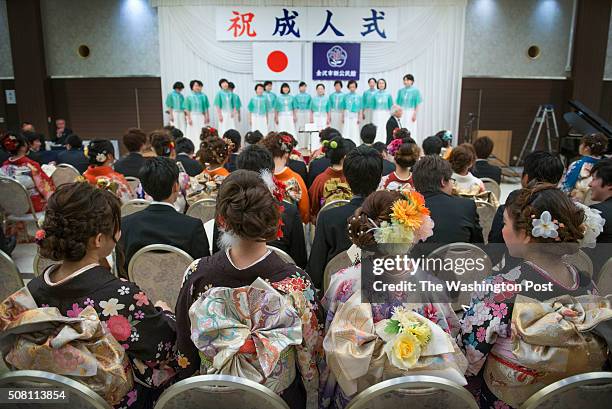 View of the "obi" kimono sashes on young women at the Seijin no Hi ceremony in Kanazawa, Japan on January 10, 2016. Japanese men and women who have...