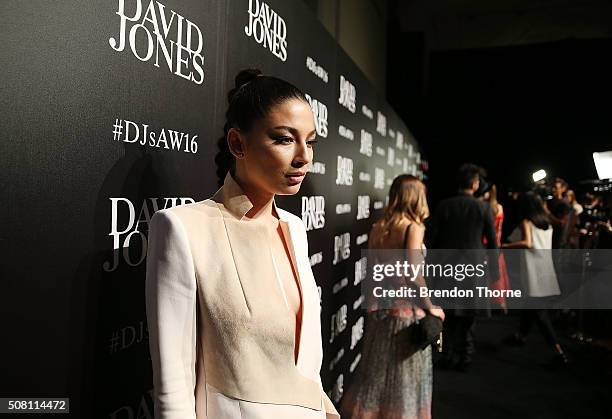 Jessica Gomes arrives ahead of the David Jones Autumn/Winter 2016 Fashion Launch at David Jones Elizabeth Street Store on February 3, 2016 in Sydney,...