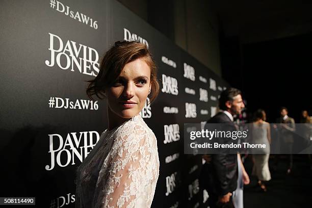 Montana Cox arrives ahead of the David Jones Autumn/Winter 2016 Fashion Launch at David Jones Elizabeth Street Store on February 3, 2016 in Sydney,...