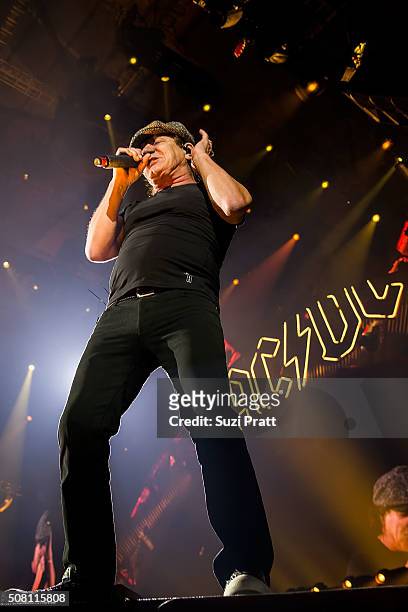 Brian Johnson of AC/DC performs at Tacoma Dome on February 2, 2016 in Tacoma, Washington.