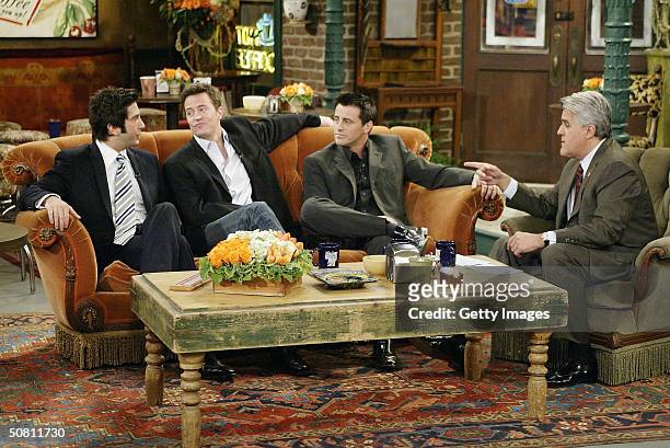 In this handout photo provided by NBC, actors David Schwimmer, Matthew Perry and Matt LeBlanc sat down with Jay Leno for a special "Tonight Show," on...
