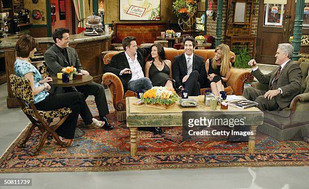 In this handout photo provided by NBC, the cast of "Friends", actors Lisa Kudrow, Matt LeBlanc, Matthew Perry, Courteney Cox-Arquette, David...