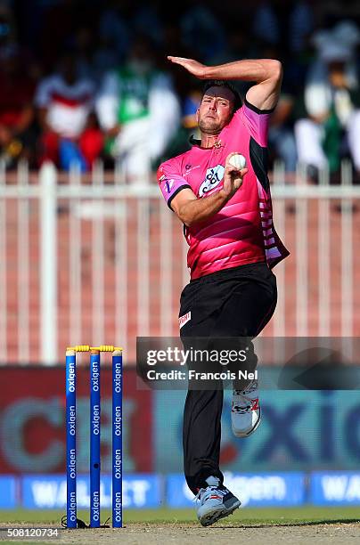 Ian Butler of Libra Legends bowls during the Oxigen Masters Champions League match between Libra Legends and Virgo Super Kings at Sharjah Cricket...