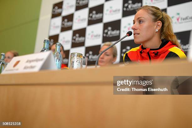 Angelique Kerber attends a DTB press conference prior to the Fed Cup match against Switzerland at Messe Leipzig on February 3, 2016 in Leipzig,...