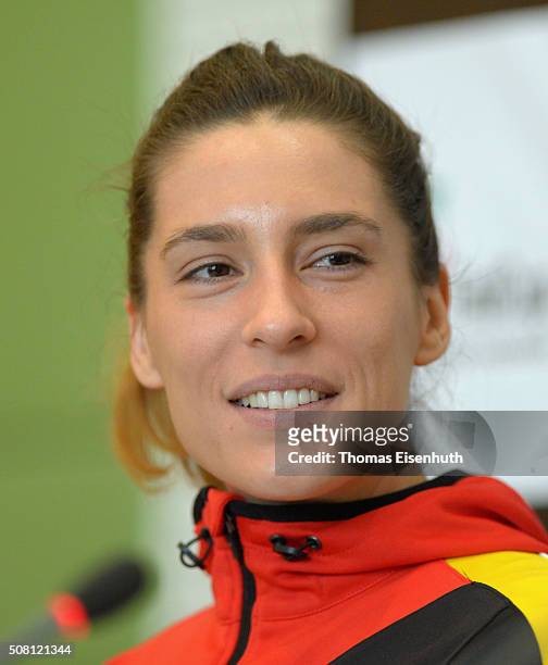 Andrea Petkovic attends a DTB press conference prior to the Fed Cup match against Switzerland at Messe Leipzig on February 3, 2016 in Leipzig,...