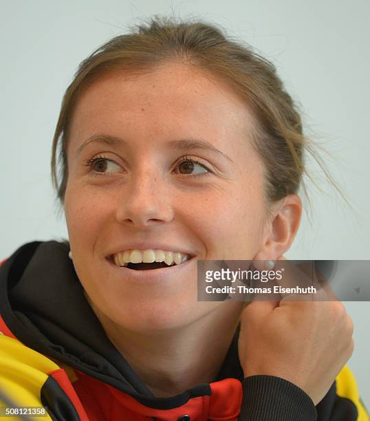 Annika Beck attends a DTB press conference prior to the Fed Cup match against Switzerland at Messe Leipzig on February 3, 2016 in Leipzig, Germany.