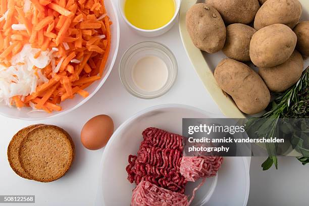 ingredients recipe. stew with meatballs. - belgium stamp stock pictures, royalty-free photos & images