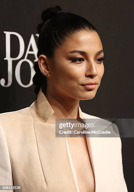 Jessica Gomes arrives ahead of the David Jones Autumn/Winter 2016 Fashion Launch at David Jones Elizabeth Street Store on February 3, 2016 in Sydney,...