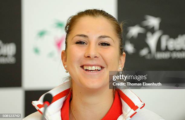 Belinda Bencic of team Switzerland attends a press conference prior to the Fed Cup match against Germany at Messe Leipzig on February 3, 2016 in...