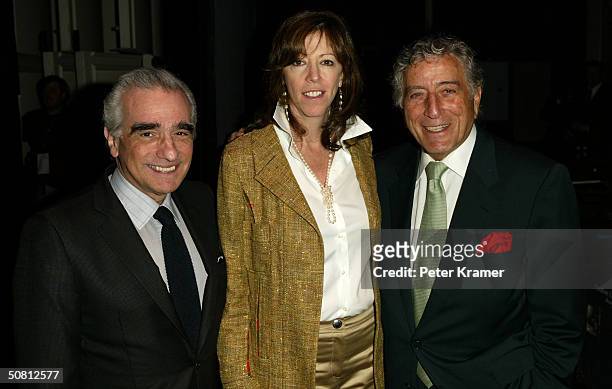 Director Martin Scorsese, Jane Rosenthal and singer Tony Bennett pose at the Scorsese And Music Panel during the 2004 Tribeca Film Festival May 7,...