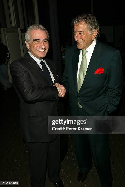Director Martin Scorsese and singer Tony Bennett pose at the Scorsese And Music Panel during the 2004 Tribeca Film Festival May 7, 2004 in New York...