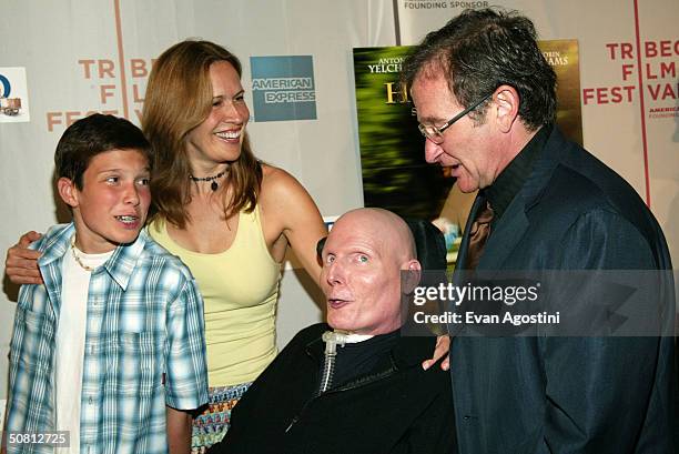 Actor Robin Williams poses with actor Christopher Reeve, wife Dana Reeve and son Will at the screening of "House Of D" during the 2004 Tribeca Film...