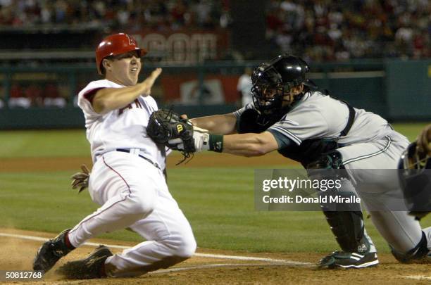 Robb Quinlan of the Anaheim Angels is tagged out by catcher Toby Hall of the Tampa Bay Devil Rays to end the 4th inning at Angels Stadium on May 7,...