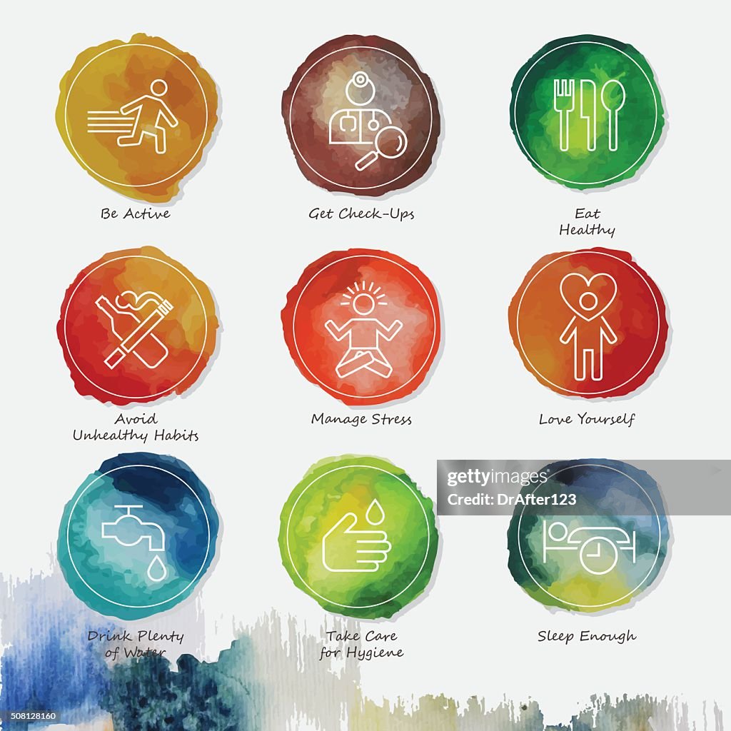 Healthy Living Watercolor Icons Set