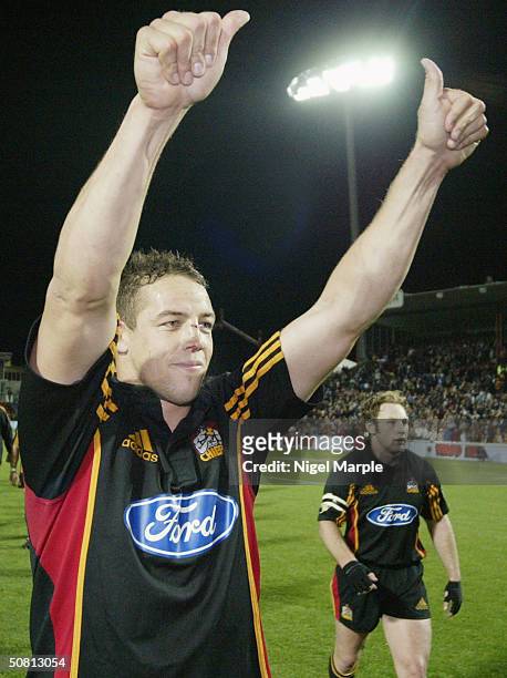 Chiefs captain Jonno Gibbs celebrates making the quarter finals despite losing the Super 12 game between the Chiefs and Brumbies at Waikato Stadium...