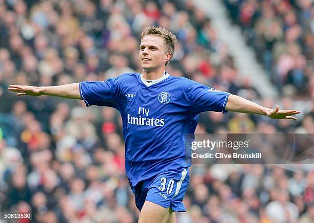 Jesper Gronkjaer of Chelsea celebrates after scoring the first goal during the FA Barclaycard Premiership match between Manchester United and Chelsea...