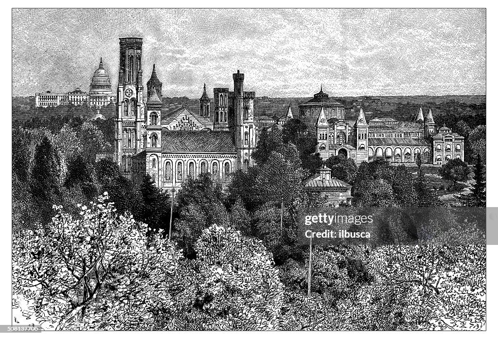 Antique illustration of the Smithsonian Institution at Washington