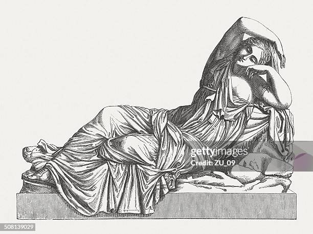 sleeping ariadne on naxos (greek mythology), wood engraving, published 1878 - vatican city stock illustrations