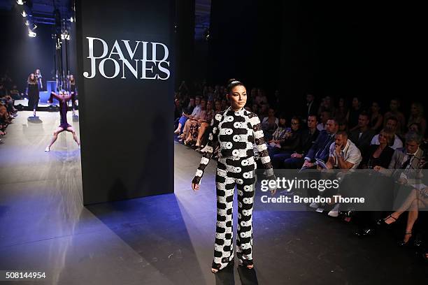 Jessica Gomes showcases designs by Manning Cartell on the runway at the David Jones Autumn/Winter 2016 Fashion Launch at David Jones Elizabeth Street...