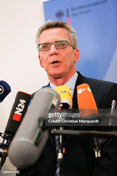 German Interior Minister Thomas de Maiziere attends a press statement on topic 'Asylum and new safe countries of origin' after a panel discussion on...