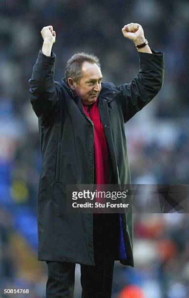 Liverpool manager Gerard Houliler celebrates victory during the FA Barclaycard Premiership match between Birmingham City and Liverpool at St. Andrews...