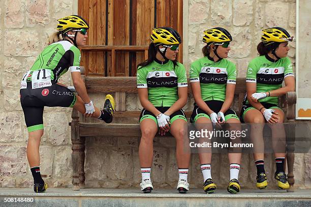 Shelley Olds of The USA and Cylance Pro Cycling stretches ahead of stage two of the 2016 Ladies Tour of Qatar from Sheikh Faisal Museum to Al Khor...