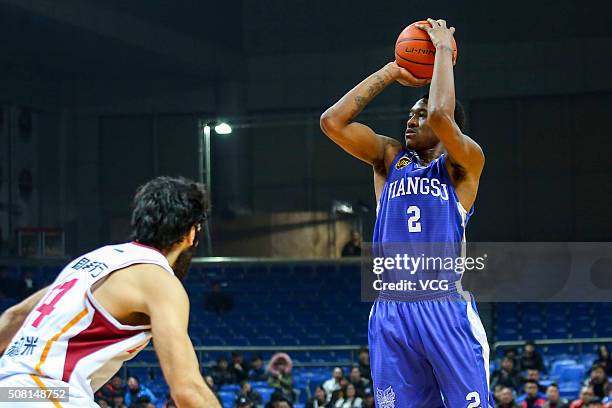 MarShon Brooks of Jiangsu Dragons shoots the ball during the 37th round of the Chinese Basketball Association 15/16 game between Zhejiang Golden...