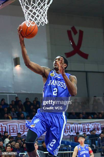 MarShon Brooks of Jiangsu Dragons shoots the ball during the 37th round of the Chinese Basketball Association 15/16 game between Zhejiang Golden...