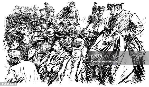 victorian crowds and mounted police - metropolitan police stock illustrations