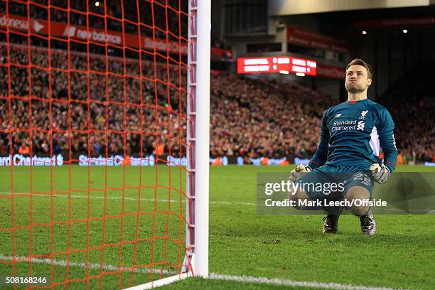 Liverpool goalkeeper Simon Mignolet looks relieved during the Capital One Cup Semi-Final Second Leg match between Liverpool and Stoke City at Anfield...