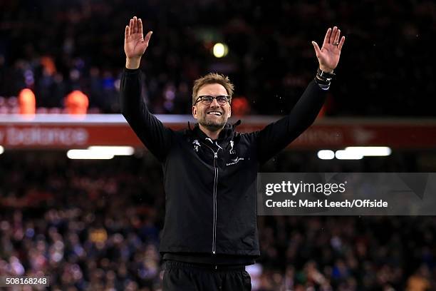 Liverpool manager Jurgen Klopp celebrates victory after the Capital One Cup Semi-Final Second Leg match between Liverpool and Stoke City at Anfield...