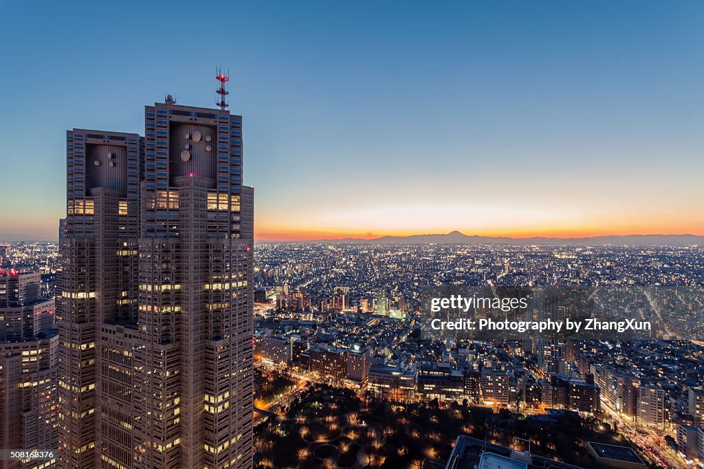 Shinjuku night twilight view in high angle, Tokyo, Japan
